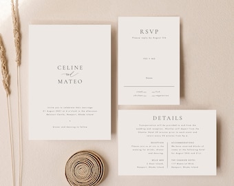 May include: A minimalist wedding invitation suite with a white background and black text. The invitation card features the names "CELINE and MATEO" in a simple script font. The RSVP card includes a section for guests to indicate their attendance, meal preference, and name. The details card provides information about the wedding reception, including the date, time, location, and accommodation options.