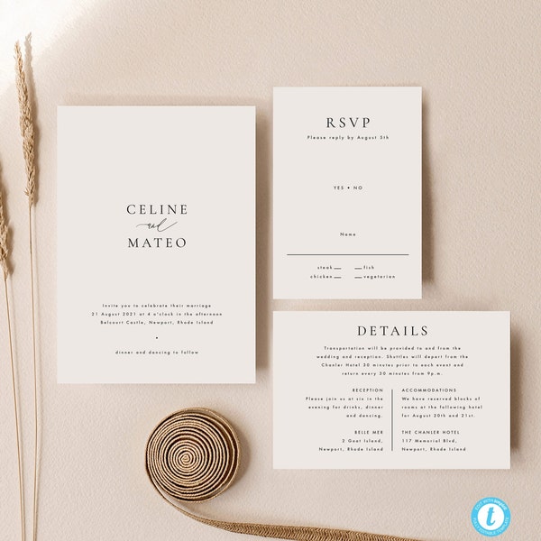 Printable Wedding Invitation Set Template, Simple Wedding Invite Templett, Modern Elegant Wedding Invitation Suite #45