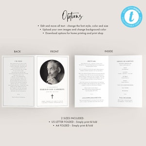 Puede incluir: Una plantilla de programa de funeral en blanco y negro con una foto de un hombre en la portada. El programa incluye un obituario, el orden del servicio, los agradecimientos y los portadores del f&eacute;retro. La plantilla es totalmente editable y est&aacute; disponible en dos tama&ntilde;os: US Letter doblado y A4 doblado.
