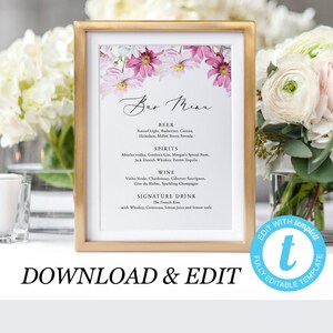 Modelo de menu de bar de casamento floral Placa de bar Menu de bar Bebidas exclusivas Placa de bar de anêmona Placa de menu de bebidas Download instantâneo Templatett 13