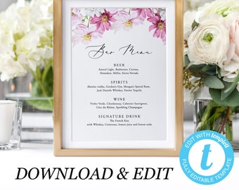 Floral Wedding Bar Menu Template Bar sign Bar menu Signature drinks Anemone bar sign Drinks menu sign Instant download Templett 13