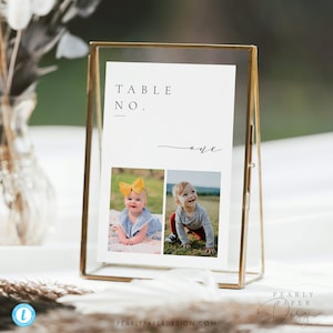 Plantilla de número de mesa con foto, tarjeta de mesa con foto de bebé, tarjeta de número de mesa minimalista, números de mesa para bodas infantiles, Templett #ISSA