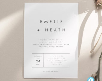 May include: A minimalist wedding invitation with the names Emelie and Heath in black text on a white background. The date is Saturday, May 24, 2021, and the location is Beaulieu Gardens, 1901 St Helena Hwy, Napa Valley, California.