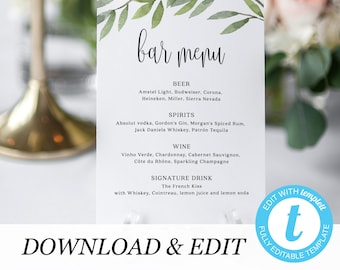 Rustic Wedding Bar Menu Template Bar sign Bar menu Signature drinks Green leaves bar sign Drinks menu sign Instant download Templett 01