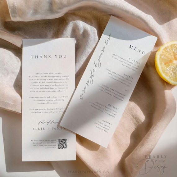 Modern Wedding Thank You Note with QR Code and Menu, Dinner Menu and Thank You Table Cards, Reception Thank Card, Canva #EJ01 ELLIE