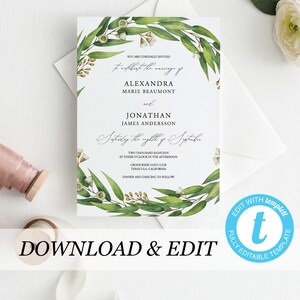 Rustic Wedding Invitation Template Eucalyptus Printable Wedding Invitation DIY Templett PDF Instant Download Editable Rustic Wedding