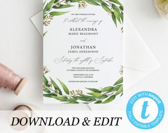 Rustic Wedding Invitation Template Eucalyptus Printable Wedding Invitation DIY Templett PDF Instant Download Editable Rustic Wedding
