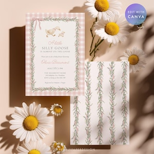 May include: A baby shower invitation with a pink gingham background and floral border. The invitation features the text "A little SILLY GOOSE is almost on the loose" and event details. Daisies and a patterned card are also visible.