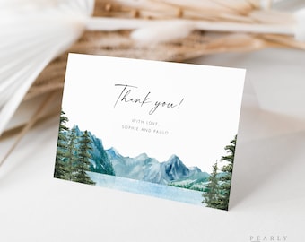Plantilla de tarjeta de agradecimiento de boda en la montaña, tarjeta de agradecimiento del bosque Templett, nota de agradecimiento del lago Pine Tree Tarjetas de agradecimiento editables n.° 51