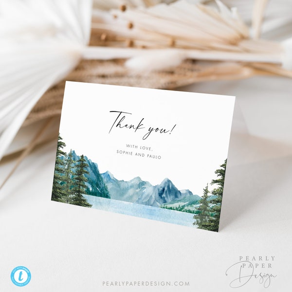 Mountain Wedding Thank You card Template, Forest thank you card Templett, Lake Pine Tree thank you note Editable Thank you cards #51