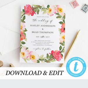 Wedding invitation template Blush Wedding invitation Printable Floral wedding invites Templett Printable invitations DIY 08