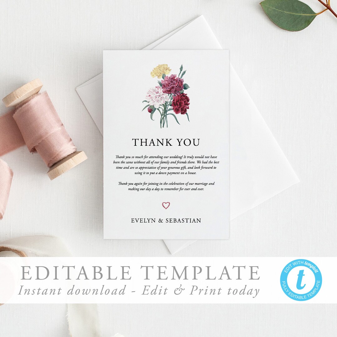 Floral Wedding Thank You Card Template Thank You Note Wedding Boho ...