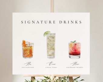 Może przedstawiać: Biały znak z tekstem "SIGNATURE DRINKS" u góry. Pokazane są trzy akwarelowe ilustracje koktajli z ich nazwami poniżej: "The Old Fashioned", "Our Ginger Vodka" i "Hers Strawberry Bramble".