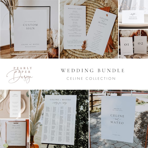 Wedding Bundle Download Seating Chart Template Program Place cards Table number Thank you tag Welcome Sign Custom sign Bar Menu #CELINE