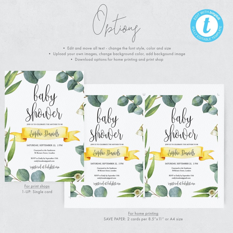 Eucalyptus Baby Shower Invitation Template Download Baby Etsy
