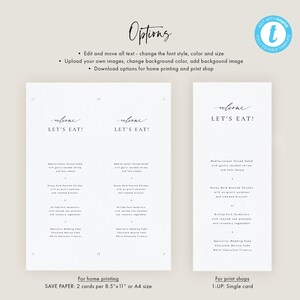 May include: A printable wedding menu template with the text "Welcome Let's Eat!" and a sample menu with options for Mediterranean Tossed Salad, Honey Herb Roasted Chicken, Grilled Pork Tenderloin, and Specialty Wedding Cake. The template is available for home printing or print shops.
