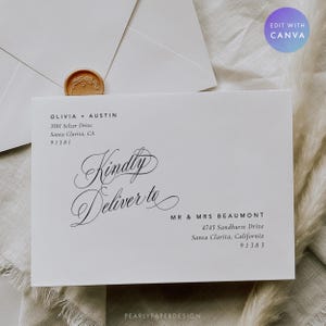 May include: A white envelope with elegant calligraphy that reads "Kindly Deliver to" and recipient address details. A gold wax seal is visible. The envelope is part of a wedding stationery set.