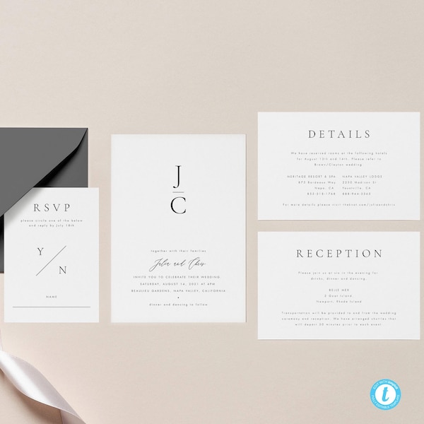 Classic and Modern Wedding Invitation Set, Minimalist Wedding Invite 3 piece set, Printable Invitation Suite Bundle #31