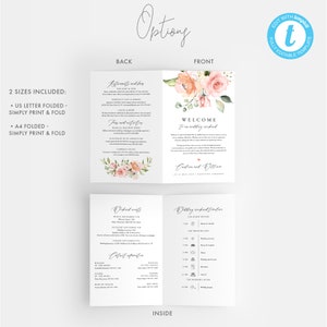 Peut inclure: Un mod&egrave;le d'invitation de mariage imprimable avec un motif floral. Le recto de l'invitation pr&eacute;sente une illustration aquarelle de fleurs roses et p&ecirc;che avec des feuilles vertes. Le verso de l'invitation comprend un message de bienvenue, un programme du week-end de mariage et une liste des participants. Le texte de l'invitation indique "Bienvenue &agrave; notre week-end de mariage" et "Programme du week-end de mariage".