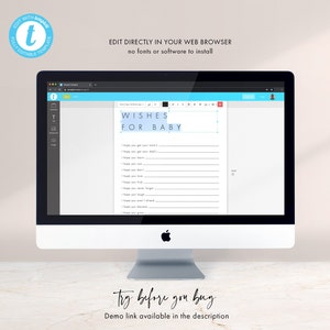 Puede incluir: Una pantalla de computadora que muestra una ventana de navegador web con un imprimible de baby shower. El imprimible es una lista de deseos para un beb&eacute; con el texto "Wishes for Baby" en la parte superior. El texto "Try before you buy" se muestra debajo de la pantalla de la computadora.