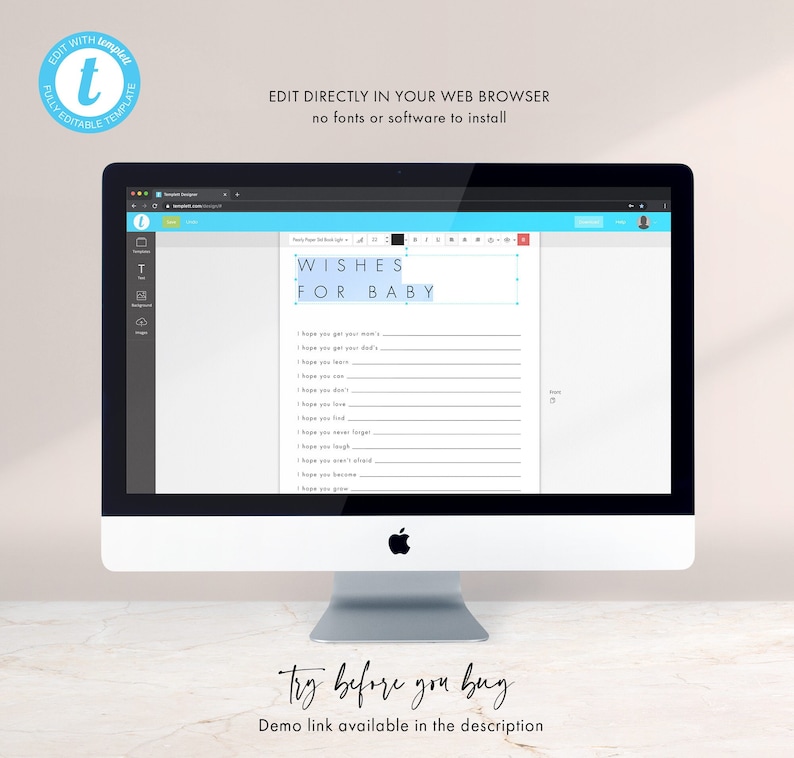 Puede incluir: Una pantalla de computadora que muestra una ventana de navegador web con un imprimible de baby shower. El imprimible es una lista de deseos para un beb&eacute; con el texto "Wishes for Baby" en la parte superior. El texto "Try before you buy" se muestra debajo de la pantalla de la computadora.