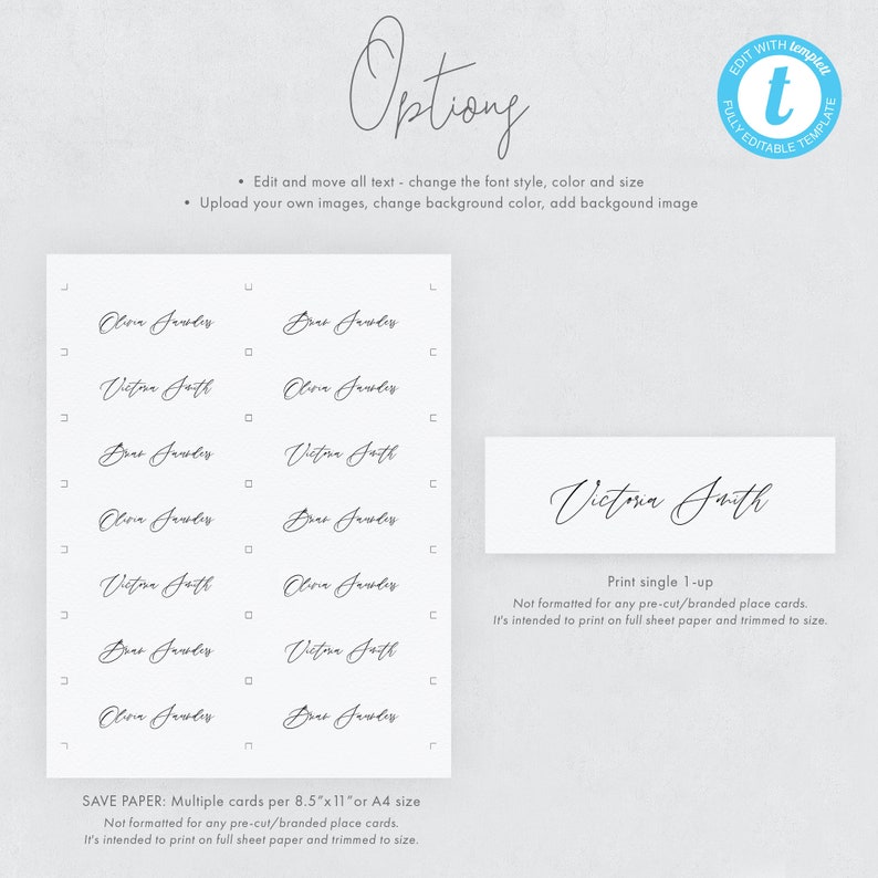 Script Place card Template Download Name Card Tag Escort cards Calligraphy Wedding Name Seating card Editable Place cards Templett 17