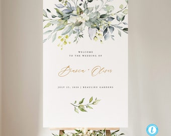 May include: A wedding welcome sign featuring a watercolour floral design in shades of green and blue. The text reads "Welcome to the wedding of Bianca + Oliver July 23, 2020 | Beaulieu Gardens".