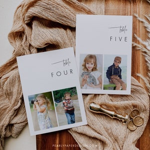Plantilla de número de mesa con foto, tarjeta de mesa con foto de bebé, tarjeta de número de mesa minimalista, números de mesa de boda para niños, Templett n.° 064