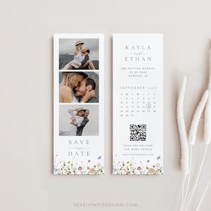 Floraler Fotostreifen Save the Date Vorlage mit Kalender, Fotobooth Save our Date Karte, Blumeneinladung Save the Date, Templett #073