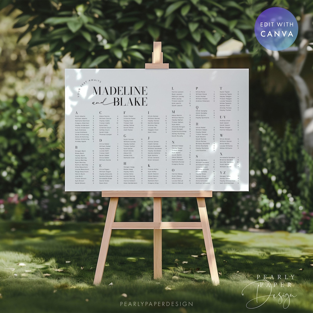 Alphabetical Seating Chart Template, Minimalist Wedding Seating Sign ...
