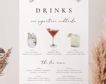 Printable Bar Menu Template Download Signature Cocktails Sign Minimalist Wedding Bar Sign Modern Signature Drink Printable Sign Templett #10