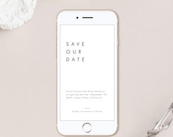 Eenvoudige Save the Date Evite-sjabloon downloaden Bewerkbare uitnodiging Tekstuitnodiging Digitale Save the Date-telefoonuitnodiging Templett #21
