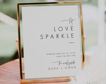May include: A gold-framed sign with the text "Let Love Sparkle" and instructions for a sparkler send-off at 10 PM for the newlyweds Nora and Owen.