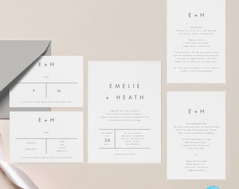 Printable Wedding Invitation Set Download, Simple, modern, minimalist Invitation Template Wedding Invite with RSVP and details card #32