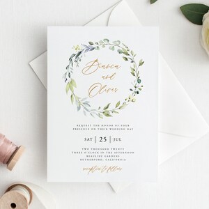 May include: A wedding invitation with a green and white floral wreath with gold calligraphy that reads "Bianca and Oliver". The invitation details the wedding date, time, and location: Saturday, July 25th, 2020 at 3:00 PM at Beaulieu Gardens in Rutherford, California. The invitation also states that a reception will follow.