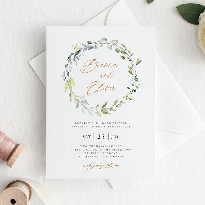 May include: A wedding invitation with a green and white floral wreath with gold calligraphy that reads "Bianca and Oliver". The invitation details the wedding date, time, and location: Saturday, July 25th, 2020 at 3:00 PM at Beaulieu Gardens in Rutherford, California. The invitation also states that a reception will follow.