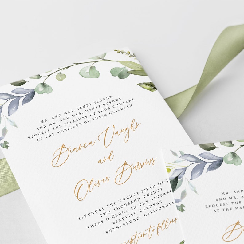 May include: A wedding invitation with a watercolor floral design in shades of blue and green. The invitation features the names "Bianca Vaughn" and "Oliver Burrows" in gold script. The text reads "Saturday the twenty fifth of June, two thousand twenty, three o'clock in the afternoon, Beaulieu Gardens, Rutherford, California. Reception to follow."