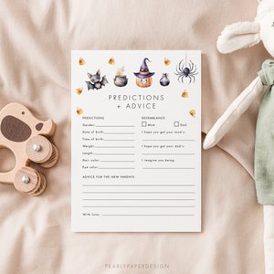 Plantilla de predicciones y consejos, tarjeta de consejos para baby shower de Halloween, plantilla de juego para bebé de otoño, juego de actividades para baby shower de calabaza n.° 084