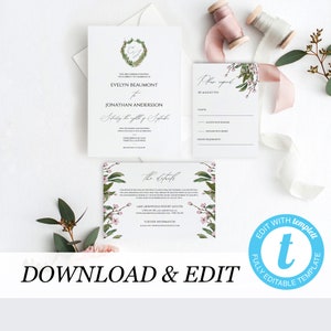 Wedding Invitation Template Editable Rustic Wedding Invitation Monogram Crest Boho Wedding Download Editable invitation Templett