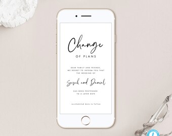 Modèle de mariage moderne reporté à télécharger Faire-part d'annulation de calligraphie électronique Evite Changement de plans Templett 16