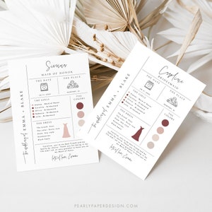 Puede incluir: Dos tarjetas imprimibles para una fiesta de boda. Las tarjetas son blancas con texto negro e ilustraciones. Las tarjetas son para la dama de honor y la dama de honor. Cada tarjeta tiene una sección para la fecha, el lugar, las chicas, el vestido y los colores. Los colores están representados por círculos de color.