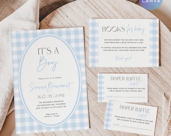 Blue Gingham Baby Shower Invitation Set, Boy Baby Shower Invite Template, Blue Plaid Books For Baby, Diaper Raffle Ticket, Canva #GH2506