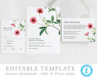 Editable Wedding Invite Template Pink Floral Wedding Invitation set DIY Wedding invite Editable Template Boho Wedding Botanical Invite