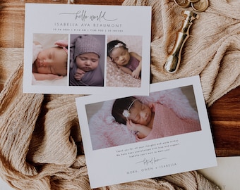 Vorlage für eine Foto-Geburtsankündigung. Laden Sie eine Foto-Baby-Ankündigungskarte herunter. Vielen Dank, Templett #064