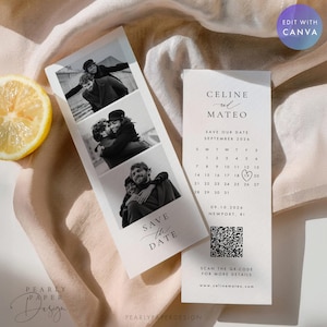 Puede incluir: Elegantes tarjetas de save-the-date con fotos en blanco y negro de una pareja. Una tarjeta presenta un calendario con un coraz&oacute;n el 19 de septiembre de 2026. La otra tarjeta dice "Save the Date" y tiene un c&oacute;digo QR.
