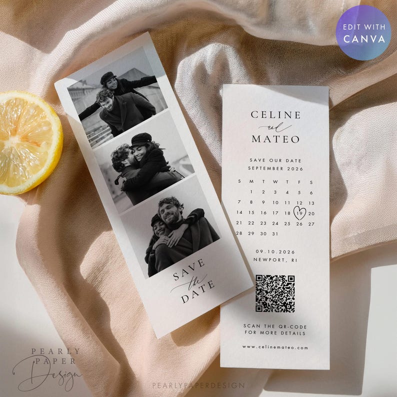 Puede incluir: Elegantes tarjetas de save-the-date con fotos en blanco y negro de una pareja. Una tarjeta presenta un calendario con un coraz&oacute;n el 19 de septiembre de 2026. La otra tarjeta dice "Save the Date" y tiene un c&oacute;digo QR.