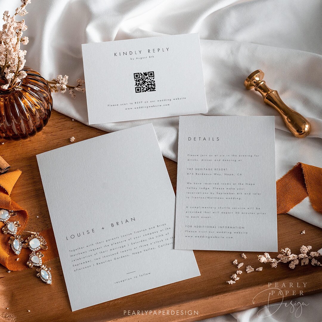 Minimalist Wedding Invitation Bundle With QR Code, Simple Wedding Suite ...