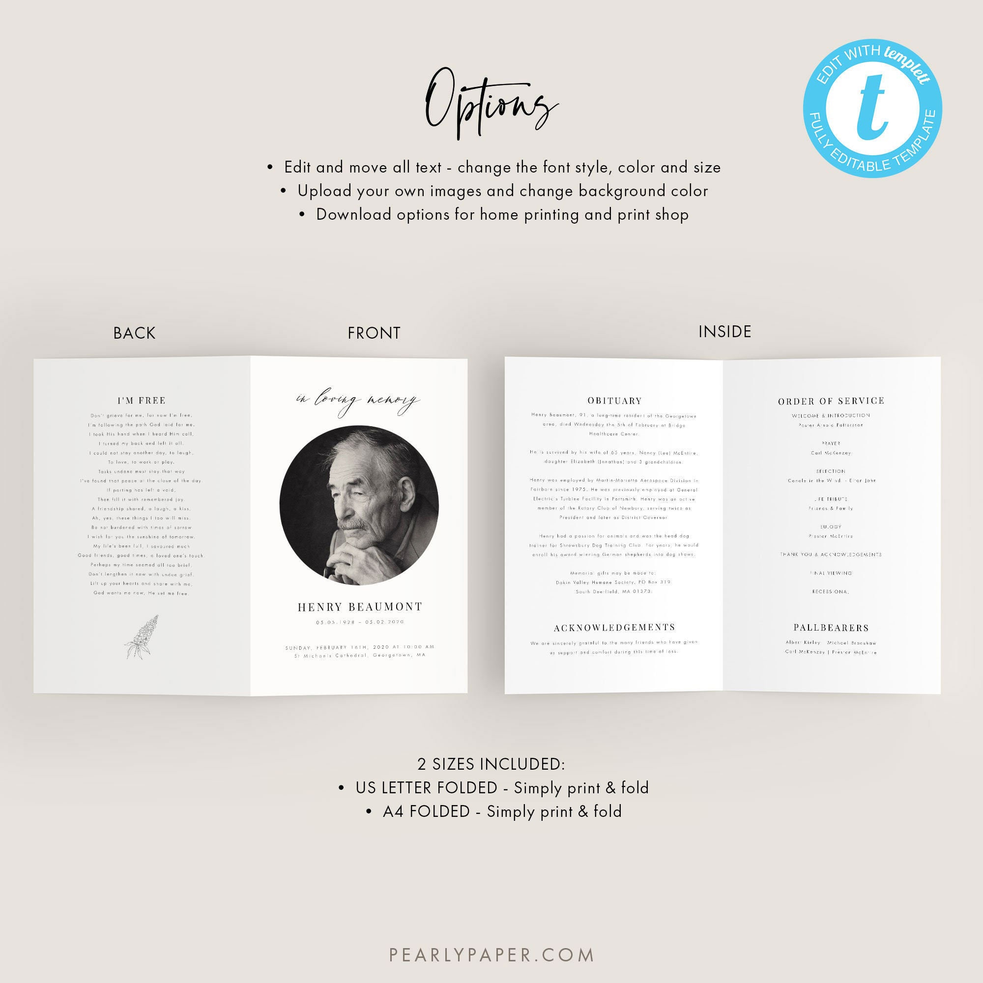 Funeral Program Template Download Simple Foldable Funeral - Etsy