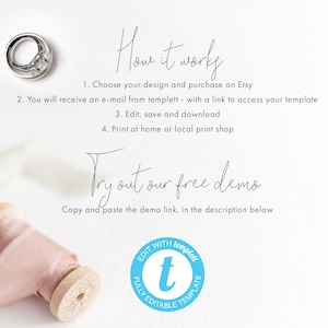 Peut inclure: Un cercle bleu avec le texte "EDIT WITH templett FULLY EDITABLE TEMPLATE" et un "t" minuscule blanc au centre. Le texte "How it works" est &eacute;crit en cursive au-dessus du cercle. Sous le cercle, le texte "Try out our free demo" est &eacute;crit en cursive. Sous le texte, il est &eacute;crit "Copy and paste the demo link, in the description below".