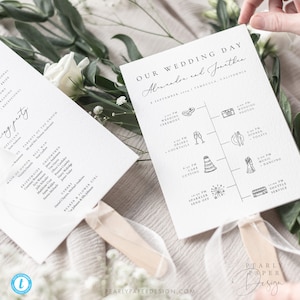 May include: A white wedding program with a timeline of events for the wedding day. The program includes the wedding ceremony, cocktail hour, dinner, dancing, and a shuttle service. The program is decorated with simple line drawings of wedding-related icons.